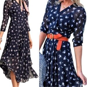 Cabi Midnight Navy Floral Pemberley Dream Dress Size 6 Midi Sheer Casual‎